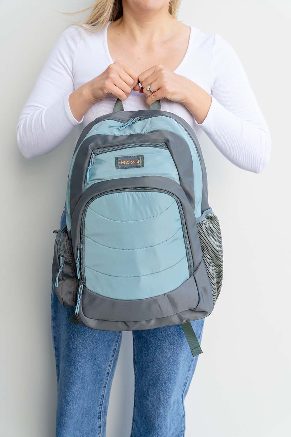 green grey gender neutral large backpack school bag for primary school middle school high school teens or adults | laptop sleeve water bottle pocket | Spixal