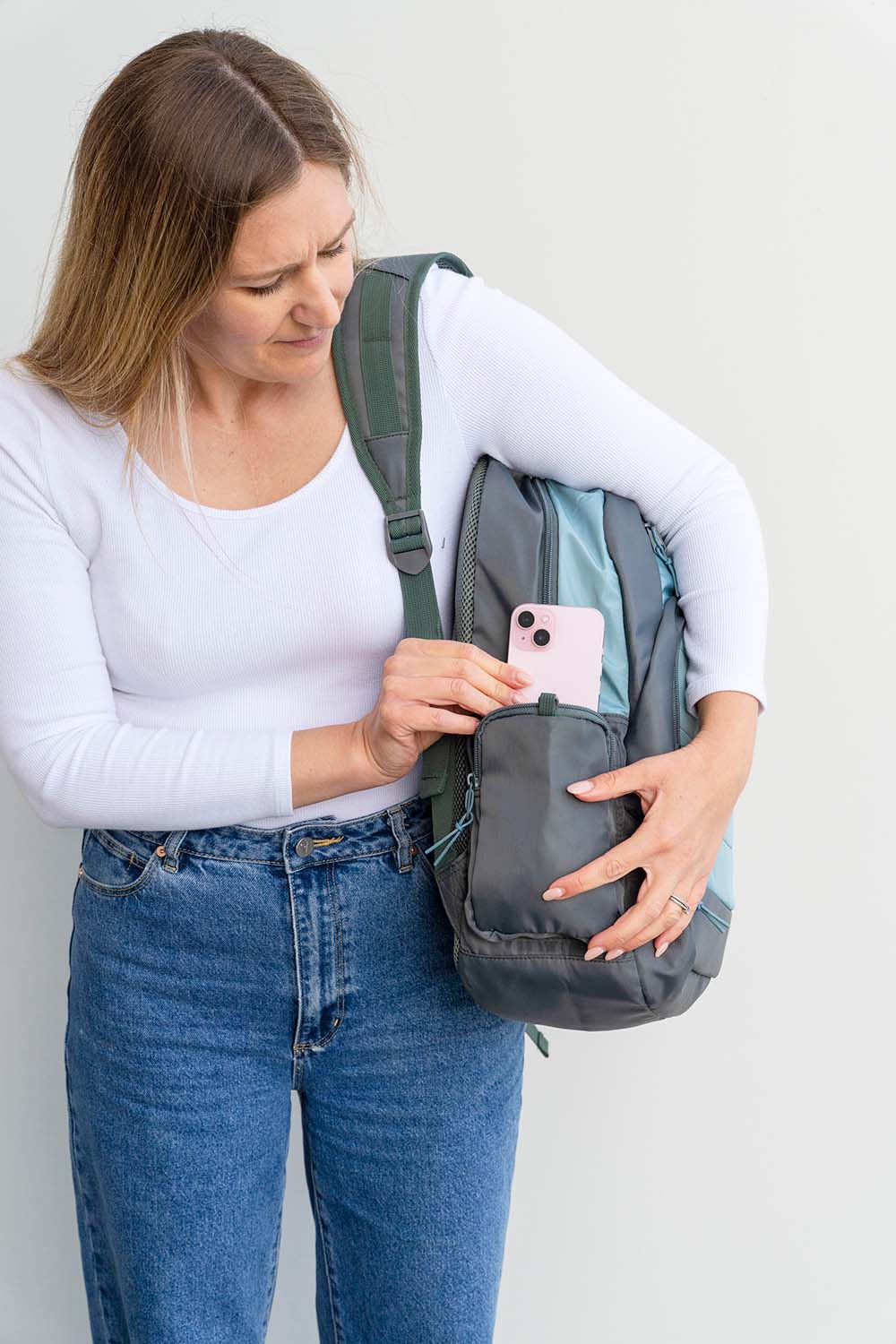green grey gender neutral large backpack school bag for primary school middle school high school teens or adults | laptop sleeve phone pocket | Spixal