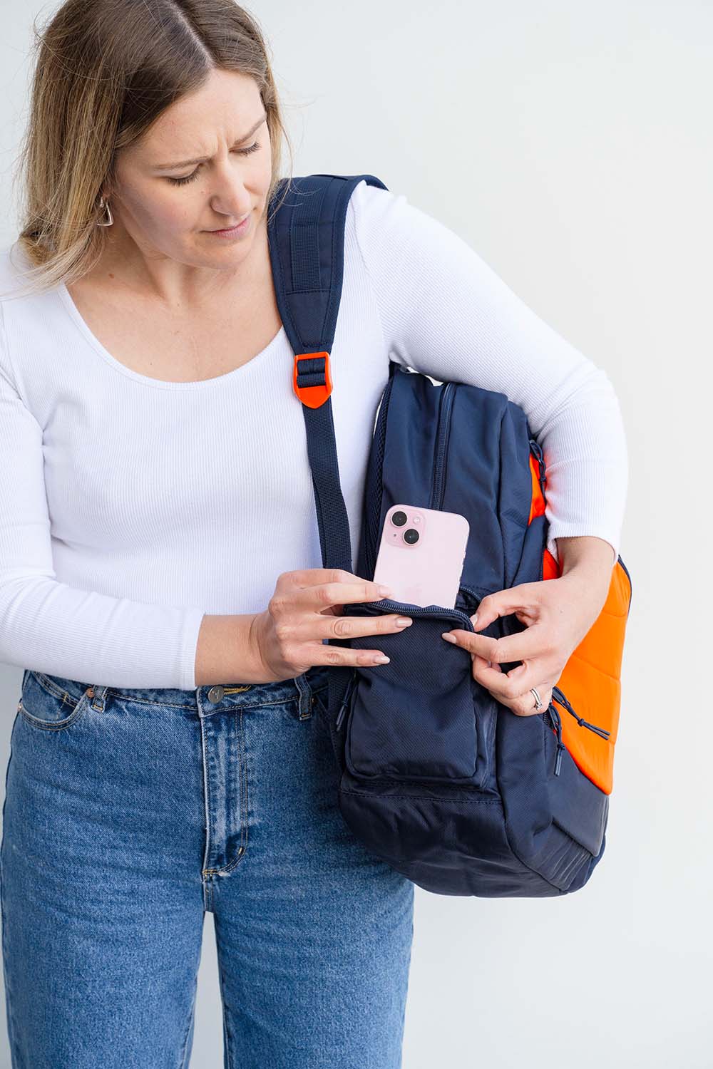 Navy blue orange large laptop backpack school bag for primary school middle school high school teens or adults | Phone pocket | Spixal