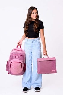 Large pink school bag and homework folder carried by school girl matching set | Spixal