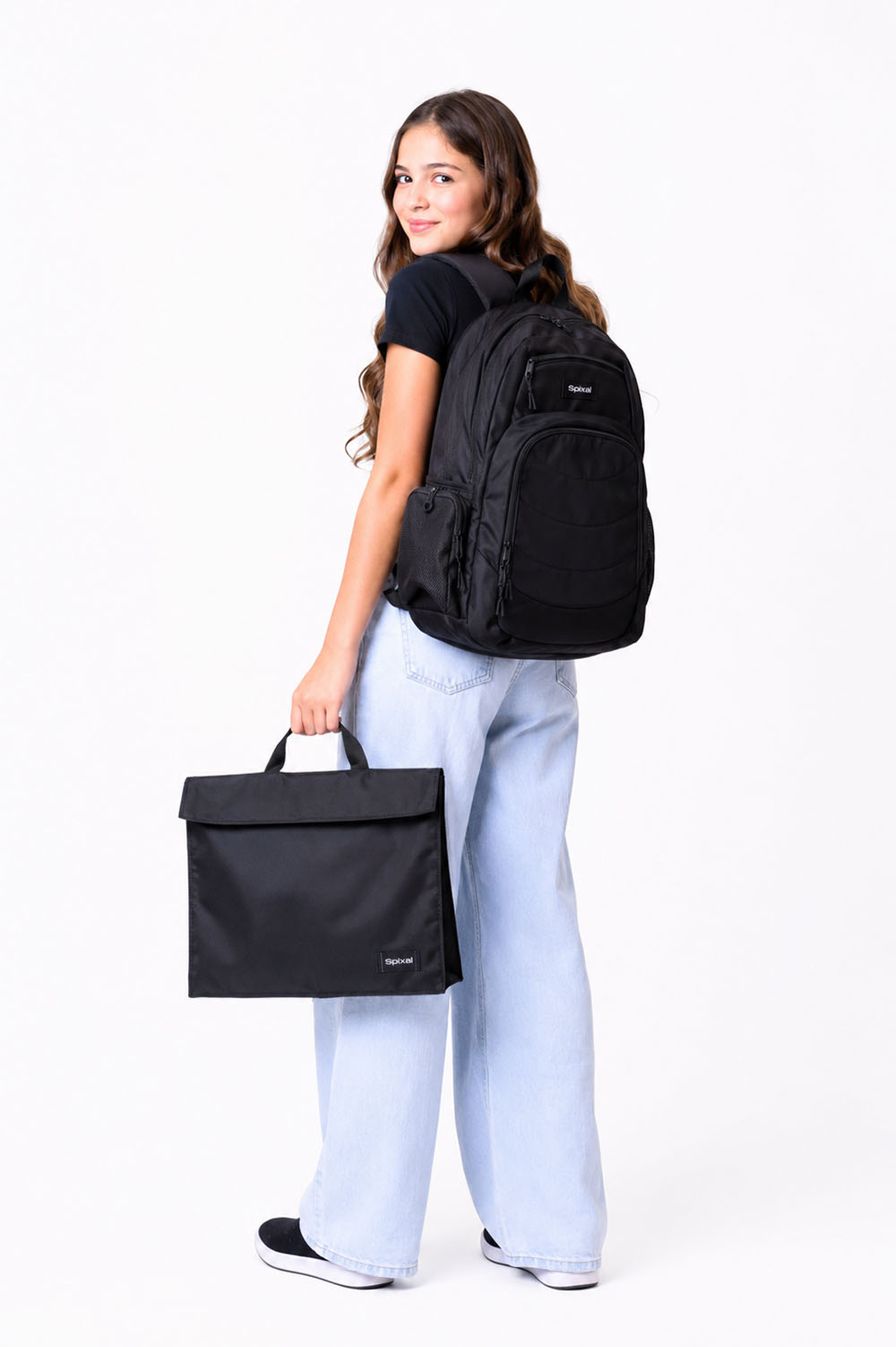 Large black Axis school bag and homework folder carried by school girl matching set | Spixal