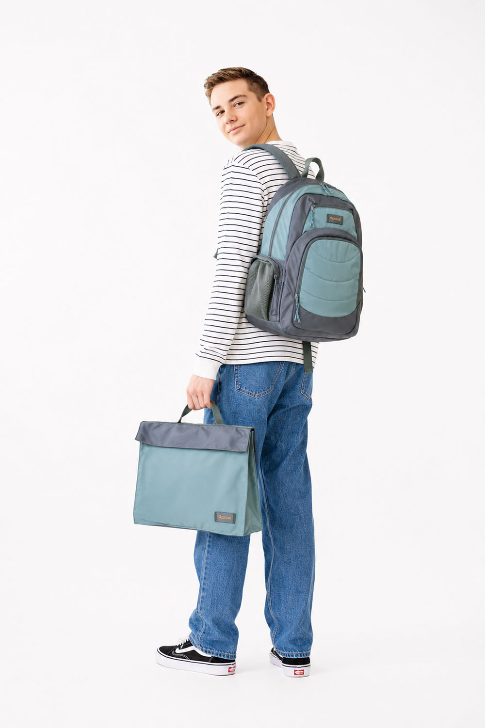 Large green grey Axis school bag and homework folder carried by teen school boy matching set library bag | Spixal