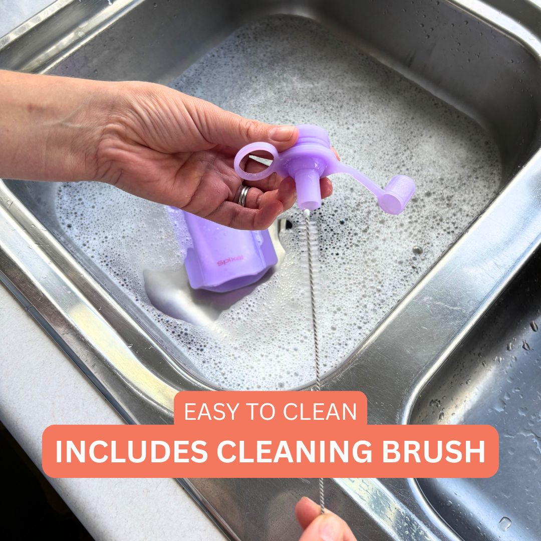 Spixal Silicone Reusable Yoghurt Pouches Purple — easy to clean bottle brush plus dishwasher safe | Spixal