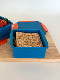 Small kids dark blue lunch box food container with leakproof lid fruit break recess sip and crunch or snacks makes packing lunches easier | Spixal