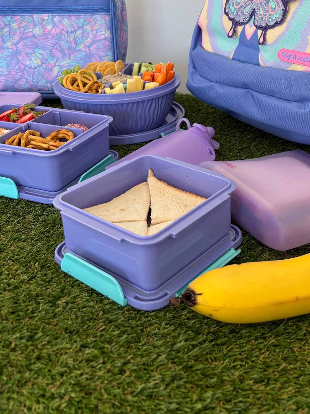 Small kids purple lunch box food container with leakproof lid fruit break recess sip and crunch or snacks makes packing lunches easier fits whole sandwich | Spixal