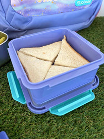 Small kids purple teal lunch box food container with leakproof lid fruit break recess sip and crunch or snacks makes packing lunches easier | Spixal