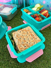 Small kids teal pink lunch box food container with leakproof lid fruit break recess sip and crunch or snacks makes packing lunches easier | Spixal