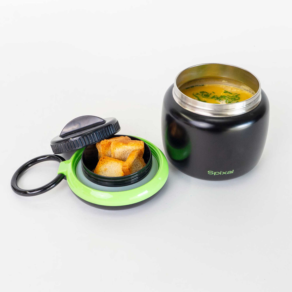 Large 800ml insulated food jar with snack container under lid | Makes lunches in winter more appealing Black | Spixal