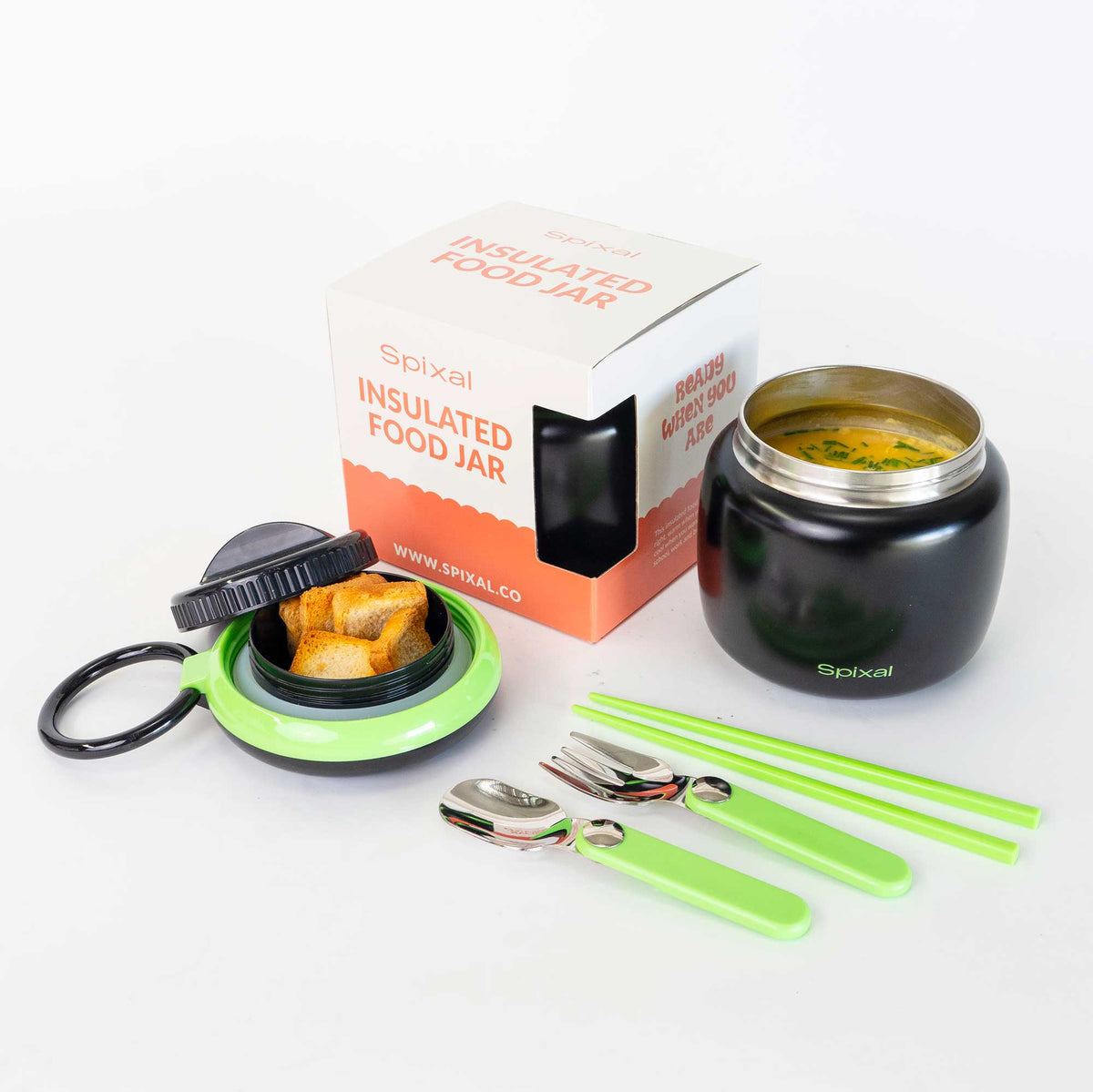 Large 800ml insulated food jar with snack container under lid | Makes lunches in winter more appealing Black | Spixal