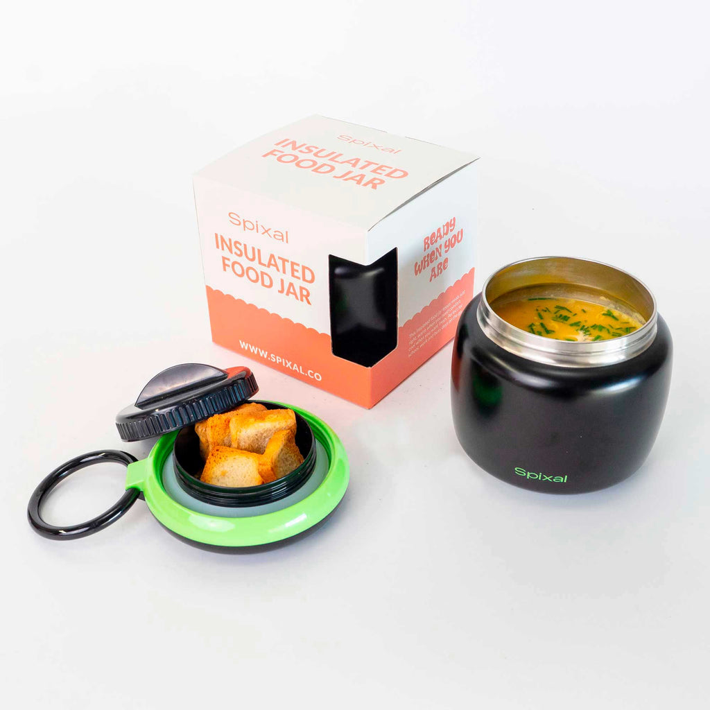 Large 800ml insulated food jar with snack container under lid | Makes lunches in winter more appealing Black | Spixal