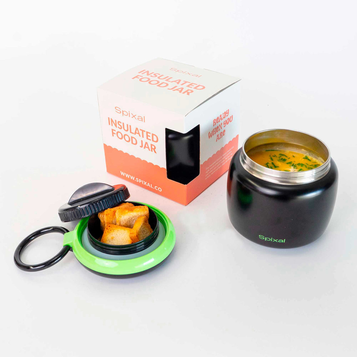 Large 800ml insulated food jar with snack container under lid | Makes lunches in winter more appealing Black | Spixal