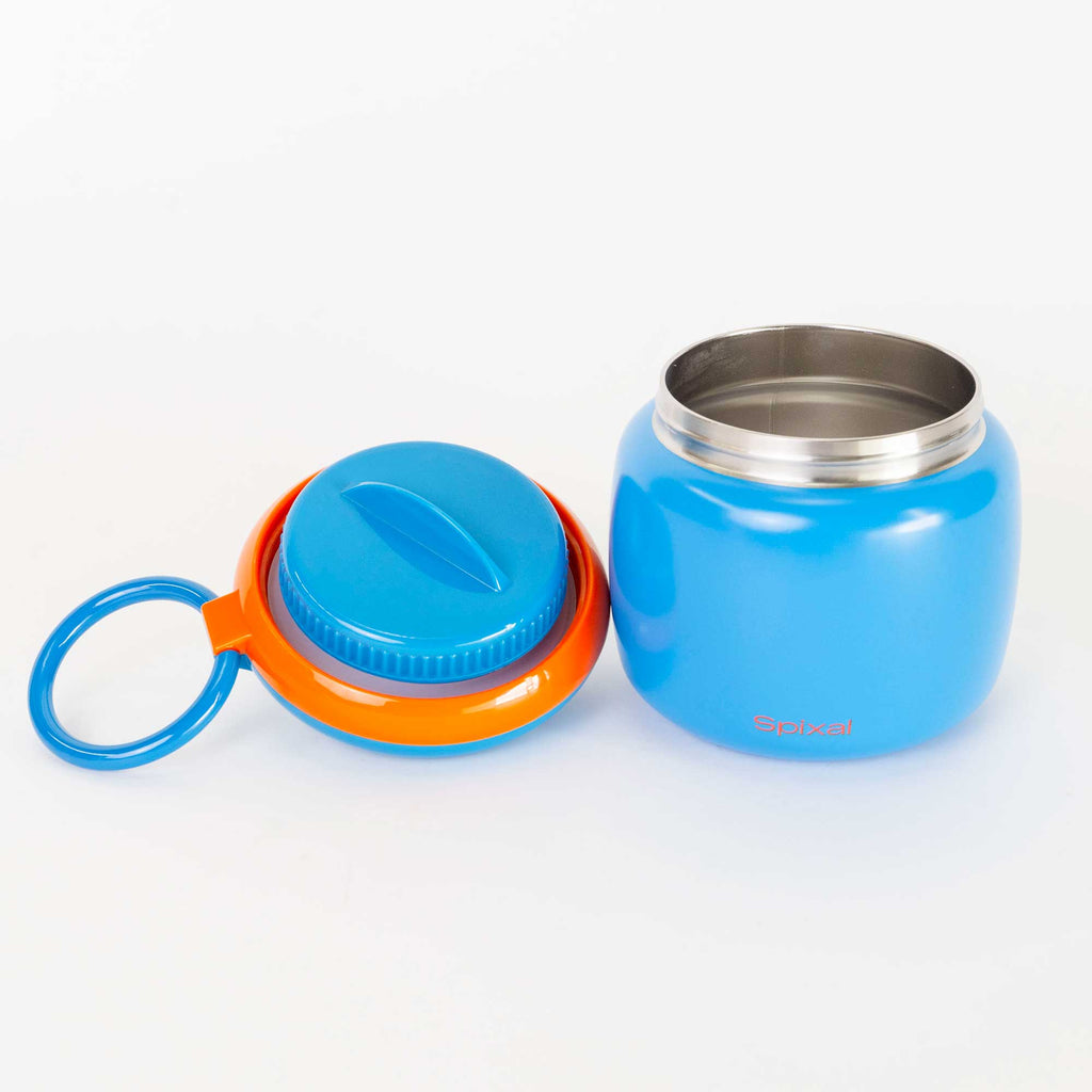 Large 800ml insulated food jar with snack container under lid | fits 12 warm chicken nuggets Blue | Spixal