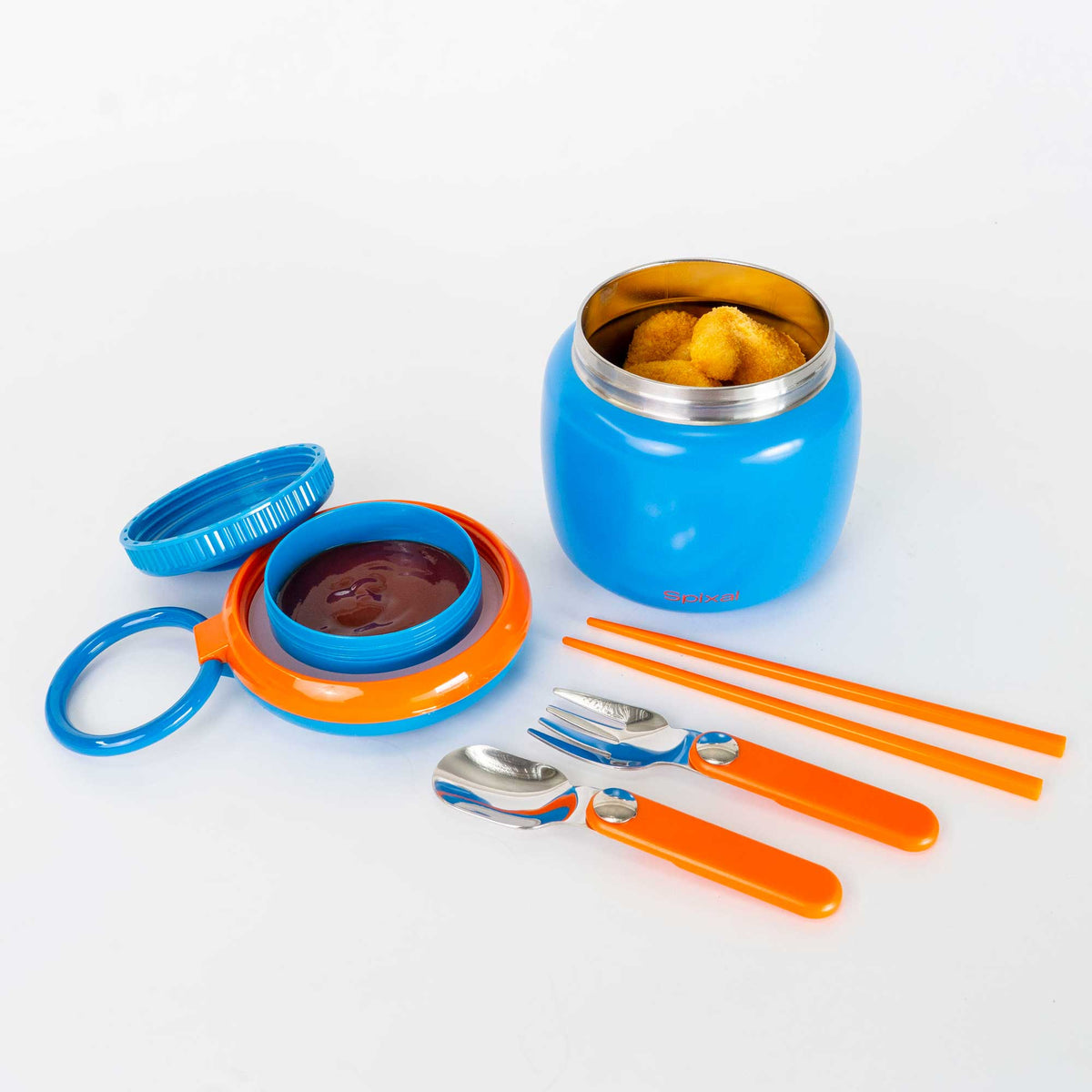 Large 800ml insulated food jar with snack container under lid | fits 12 warm chicken nuggets Blue | Spixal