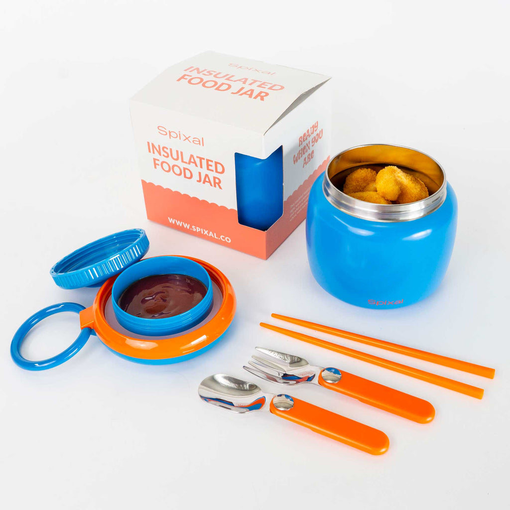 Large 800ml insulated food jar with snack container under lid | fits 12 warm chicken nuggets Blue | Spixal