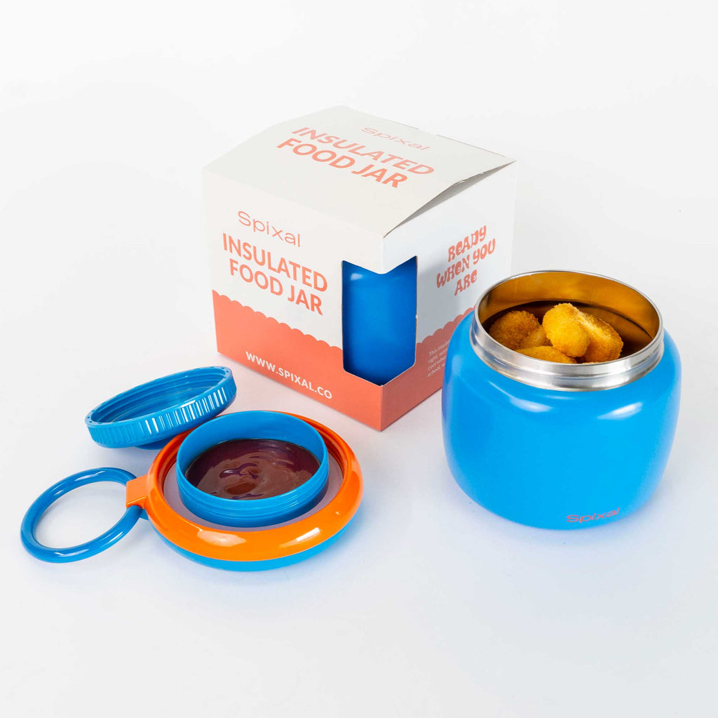 Large 800ml insulated food jar with snack container under lid | fits 12 warm chicken nuggets Blue | Spixal
