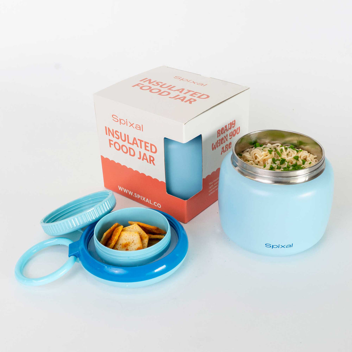 Large 800ml insulated food jar with snack container under lid | warm 2 minute noodles for teens school lunch Blue | Spixal