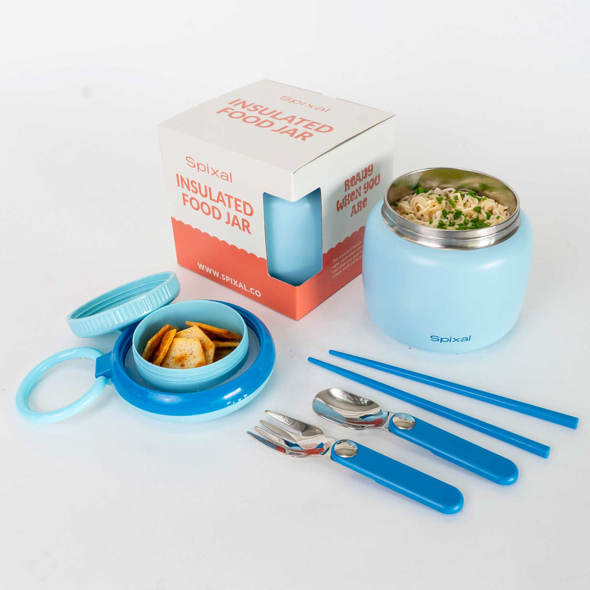 Large 800ml insulated food jar with snack container under lid | warm 2 minute noodles for teens school lunch Blue | Spixal