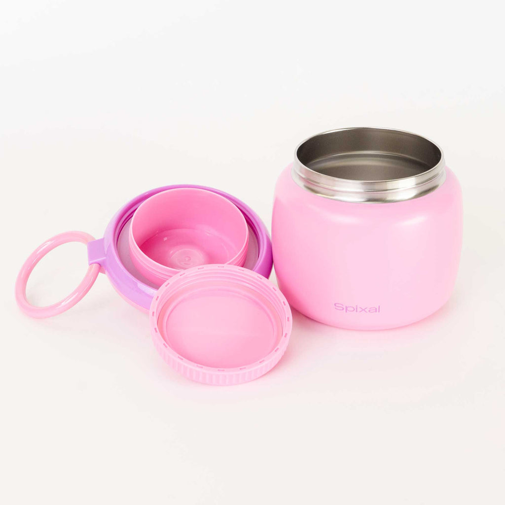 Large 800ml insulated food jar with snack container under lid | warm mac and cheese for school lunch pink | Spixal
