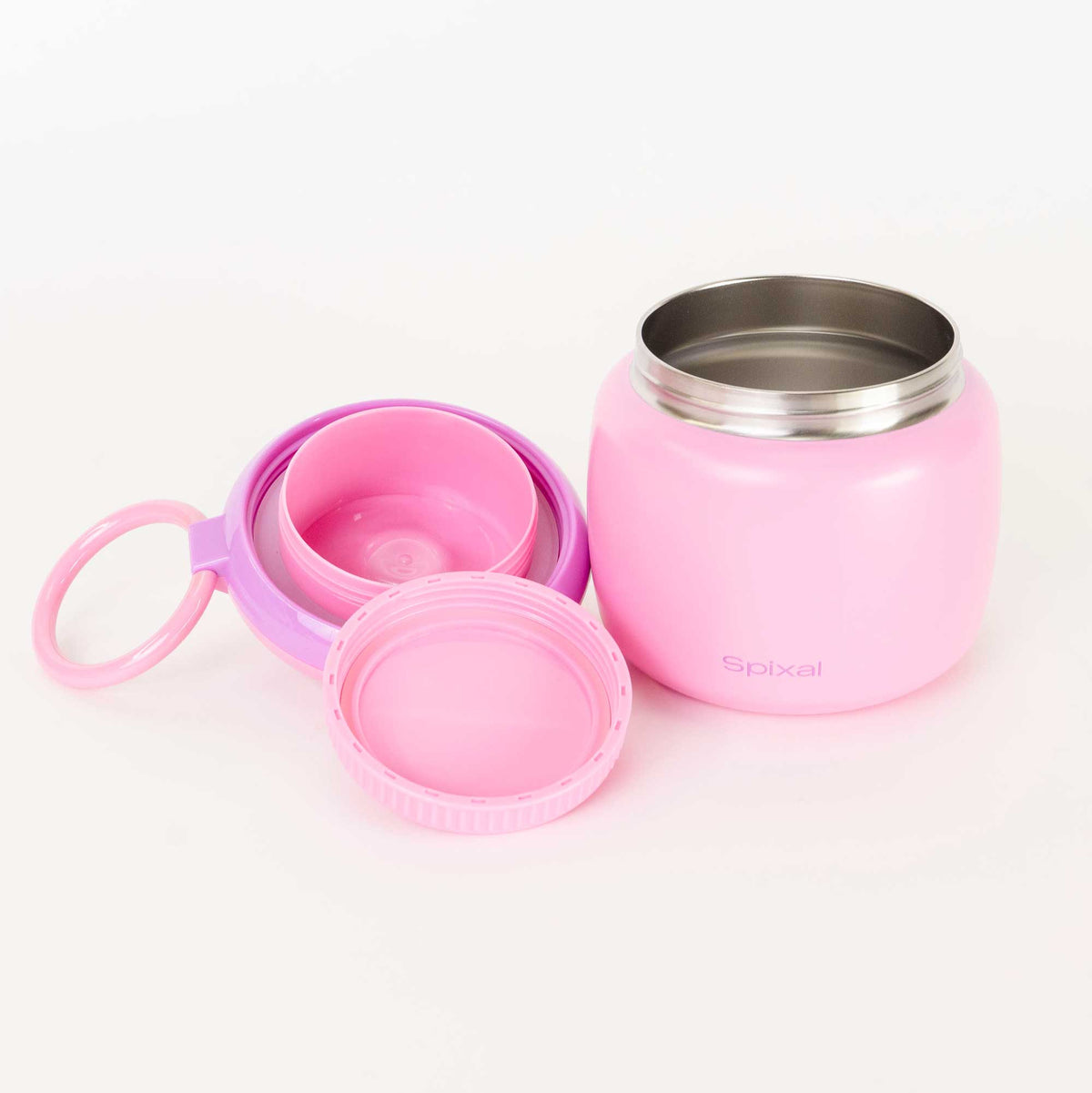 Large 800ml insulated food jar with snack container under lid | warm mac and cheese for school lunch pink | Spixal