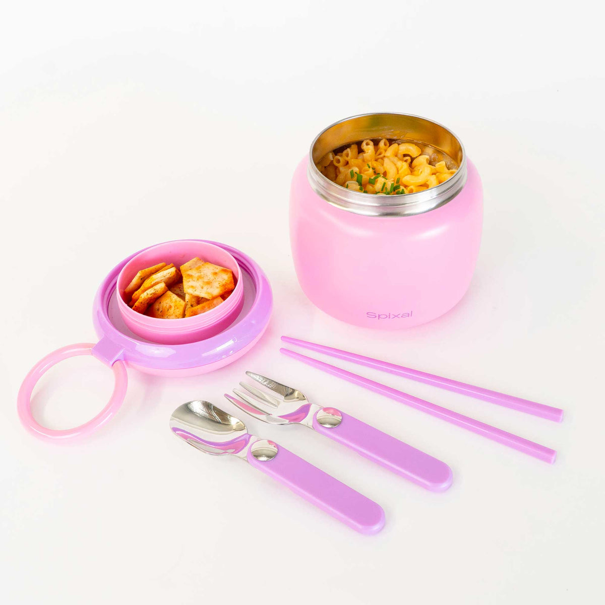 Large 800ml insulated food jar with snack container under lid | warm mac and cheese for school lunch pink | Spixal
