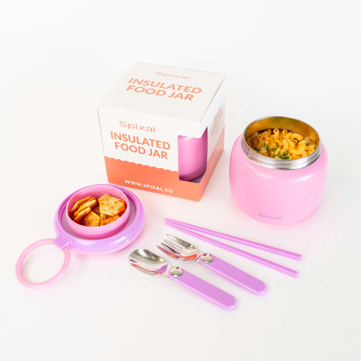 Large 800ml insulated food jar with snack container under lid | warm mac and cheese for school lunch pink | Spixal
