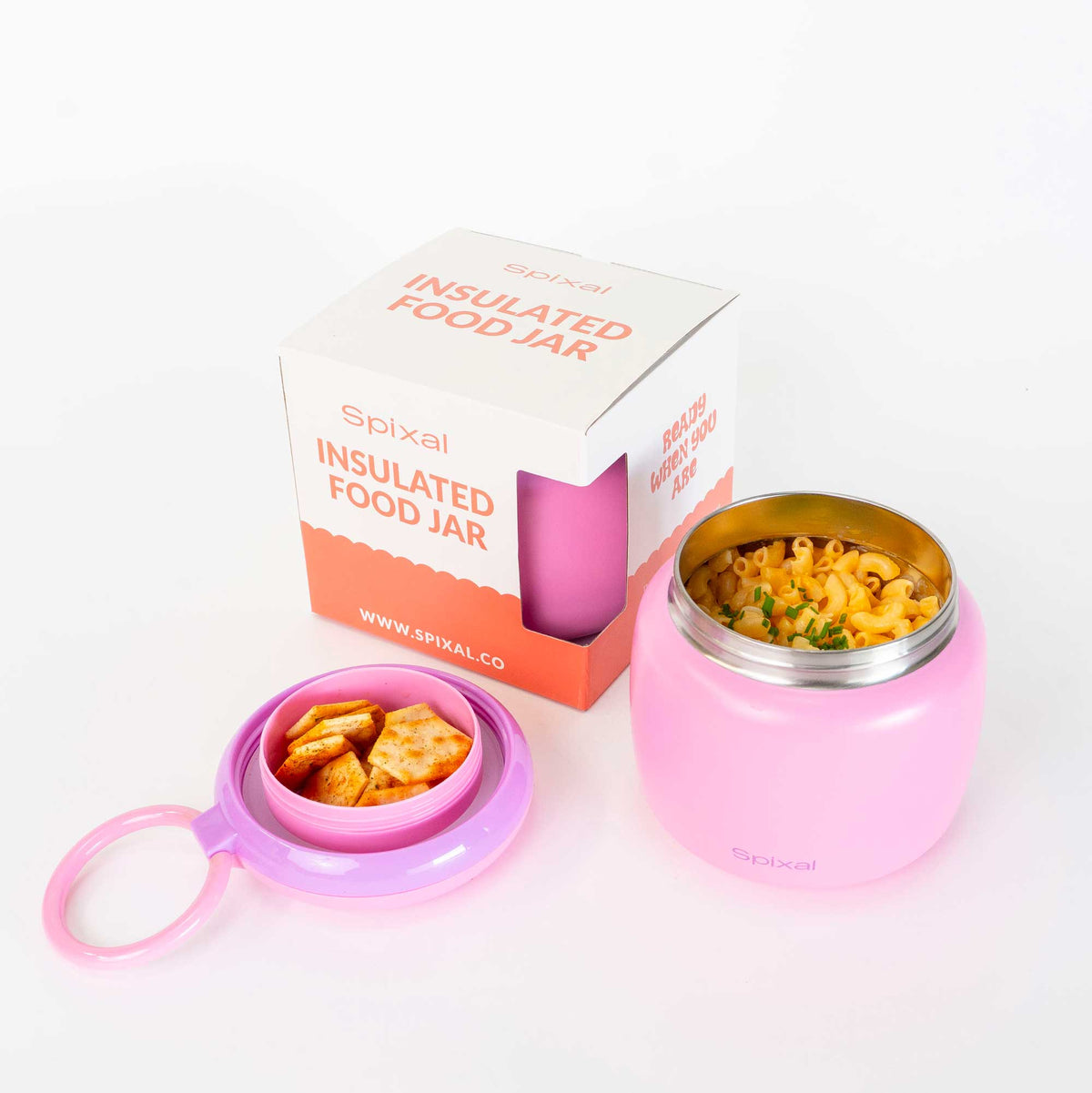 Large 800ml insulated food jar with snack container under lid | warm mac and cheese for school lunch pink | Spixal