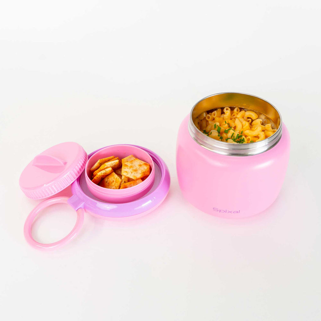 Large 800ml insulated food jar with snack container under lid | warm mac and cheese for school lunch pink | Spixal