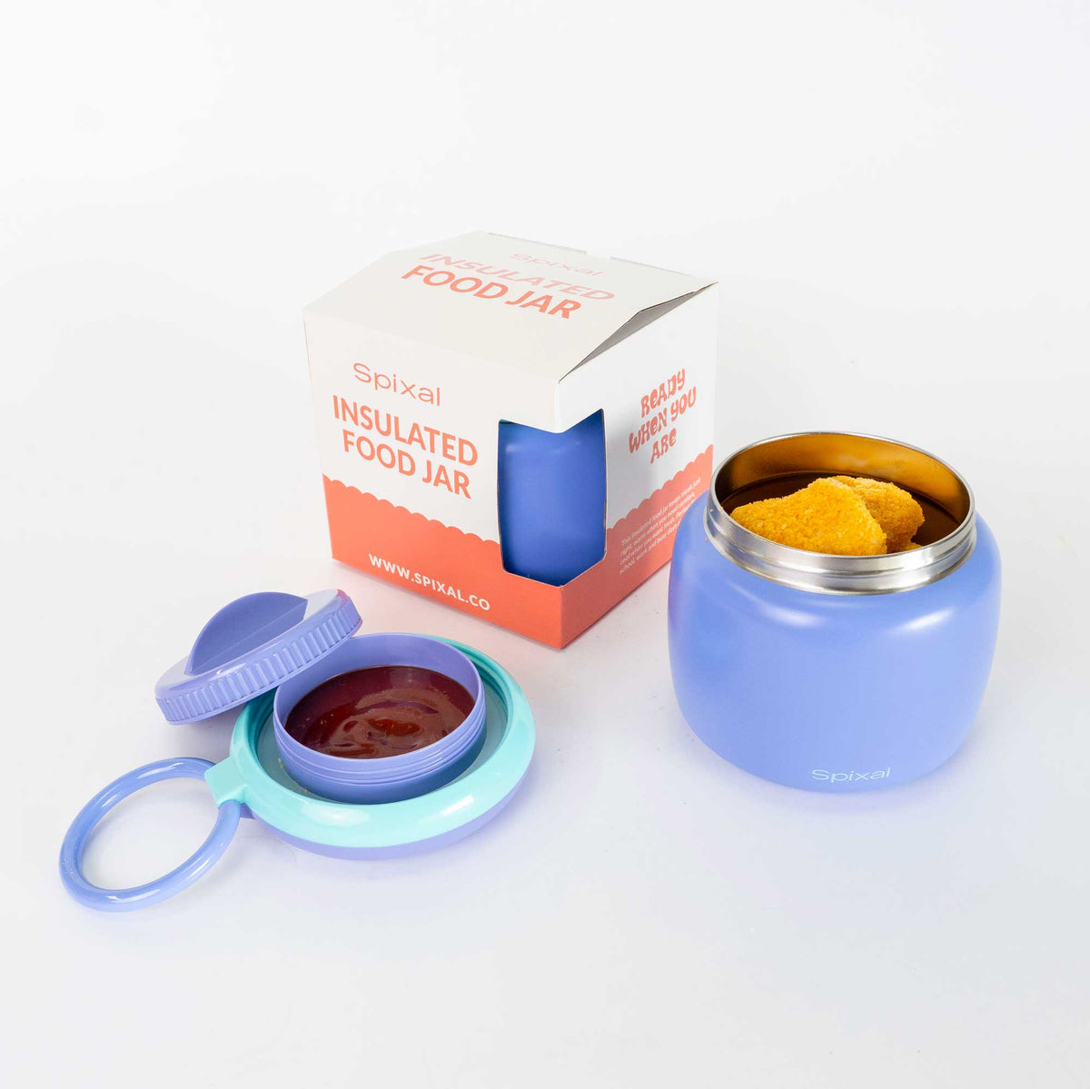 Large 800ml insulated food jar with snack container under lid | pack 12 chicken nuggets warm lunches plus sauce container purple | Spixal