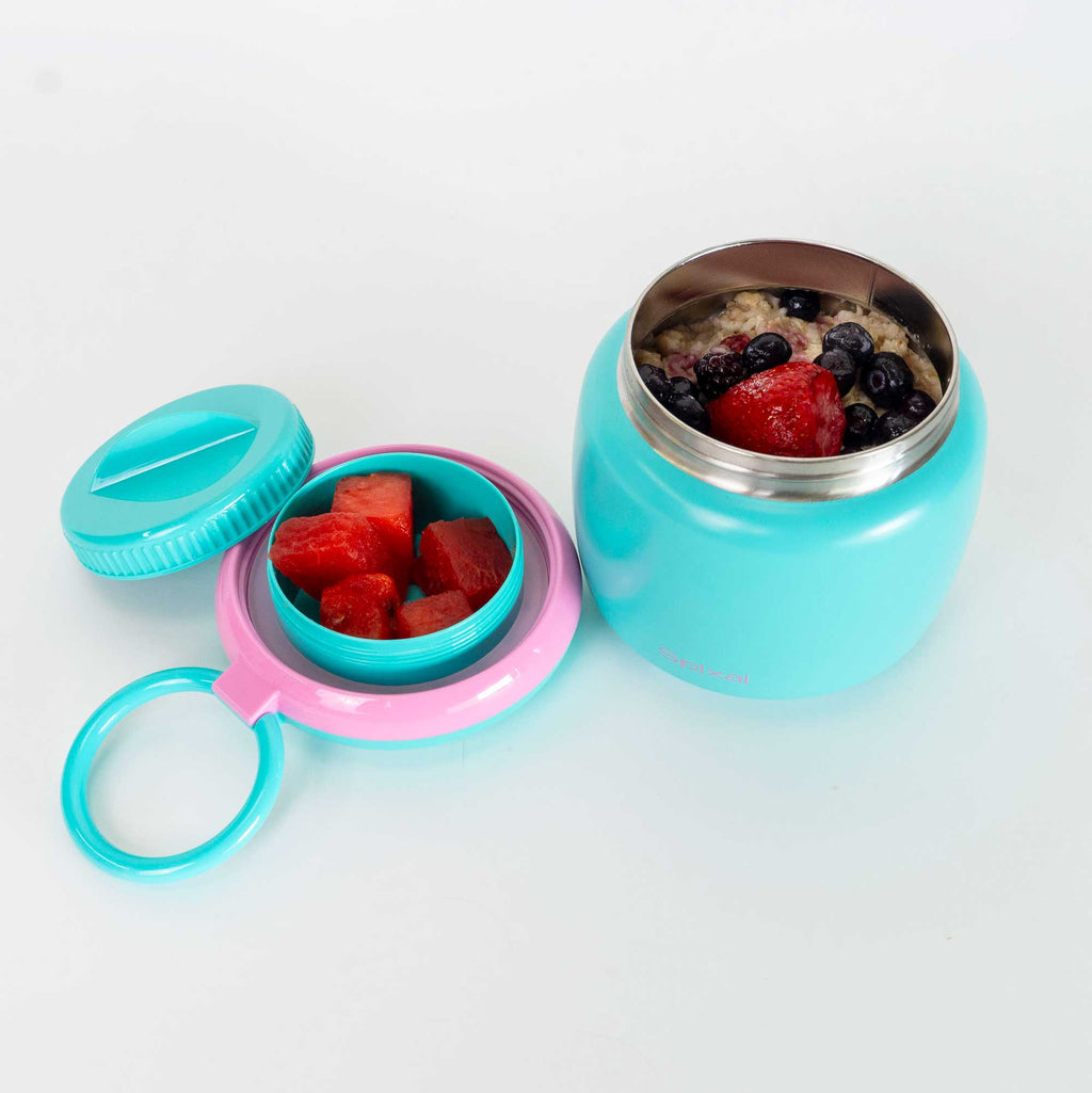Large 800ml insulated food jar with snack container under lid | big enough for growing kids teal | Spixal