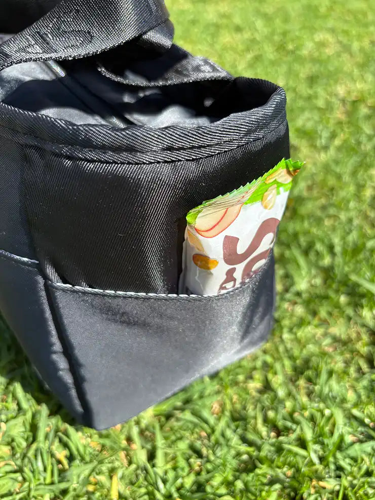 Commute Series Tote Insulated Lunch Bag Black — exterior side pick holds snacks | Spixal