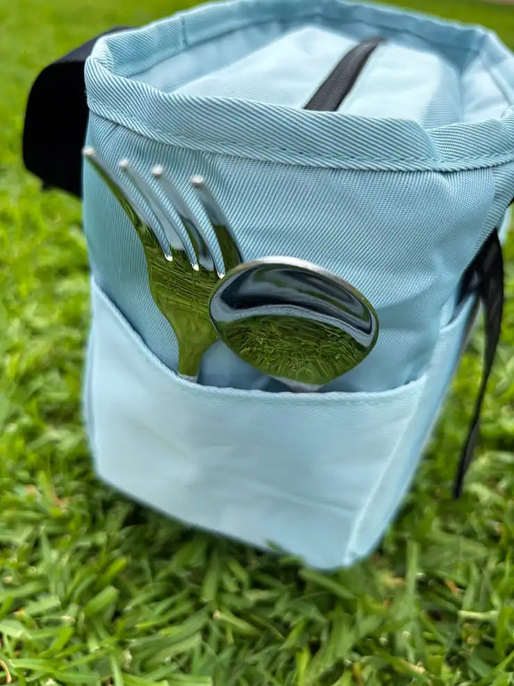 Commute Insulated Tote Lunch Bag Blue — exterior side pocket | Spixal