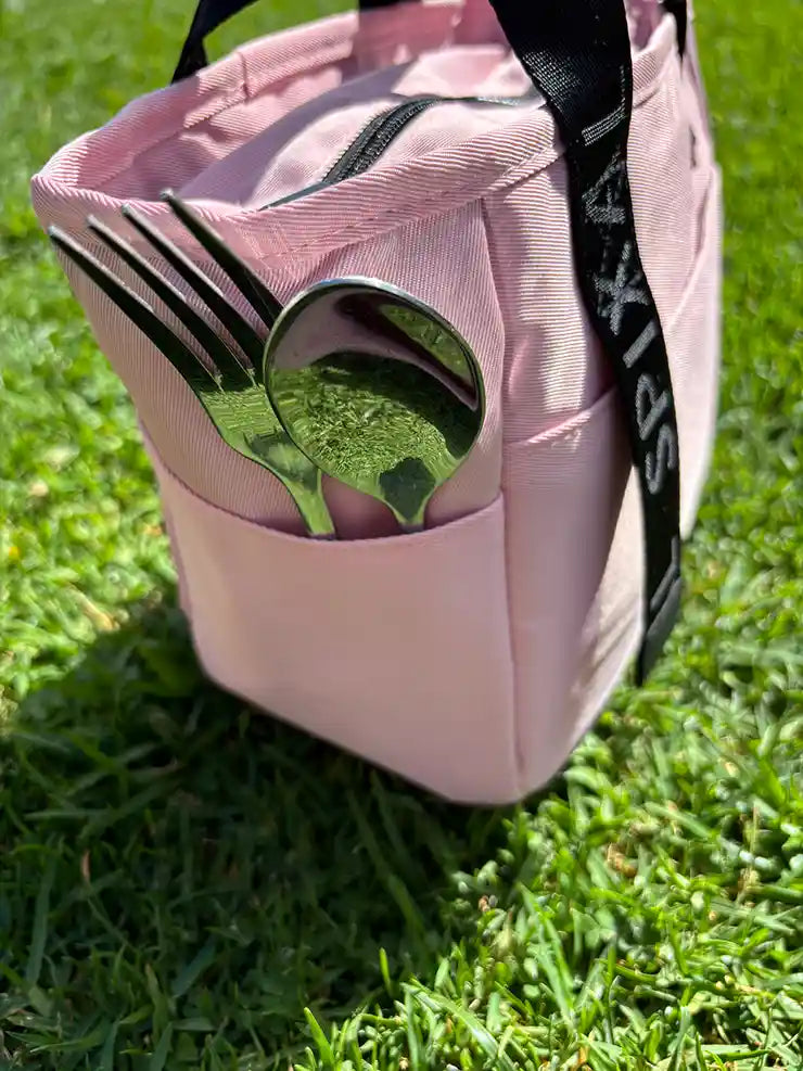 Commute Insulated Tote Lunch Bag Pink — Exterior side pocket | Spixal