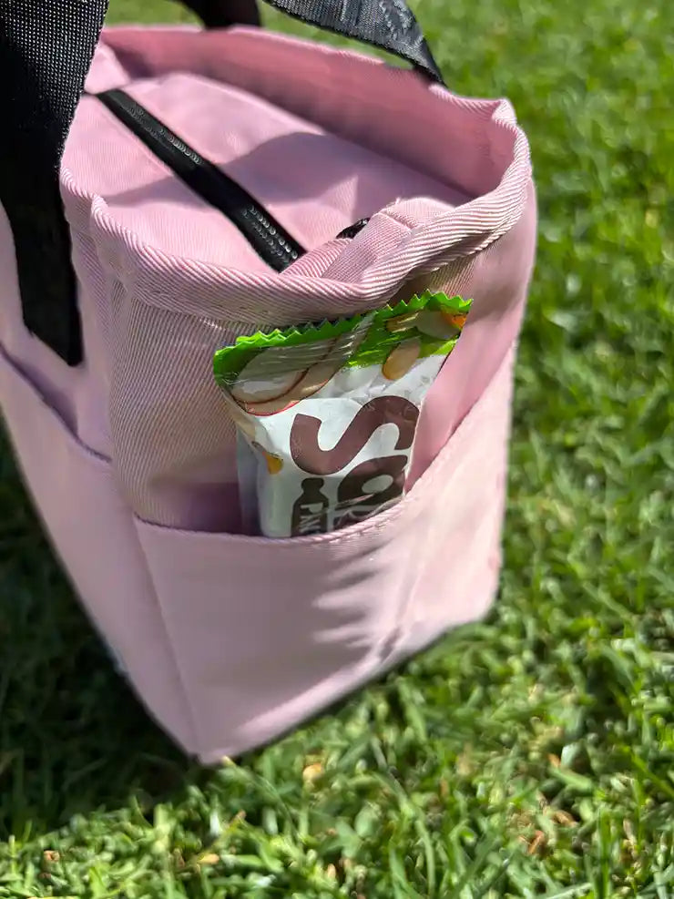 Commute Insulated Tote Lunch Bag Pink — Exterior side pocket | Spixal