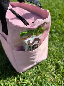 Commute Insulated Tote Lunch Bag Pink — Exterior side pocket | Spixal