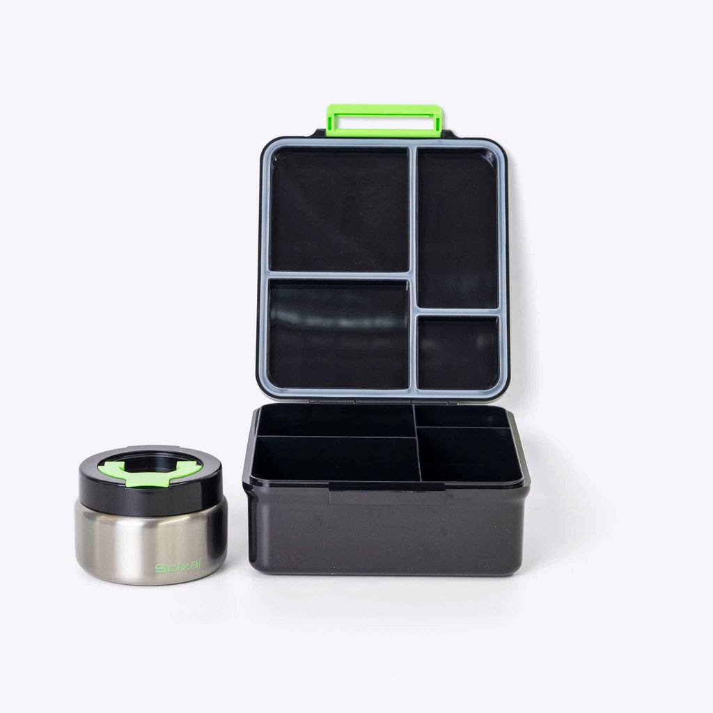 Duo Bento Lunch Box & Food Jar Black — interior pockets and organisation detail | Spixal