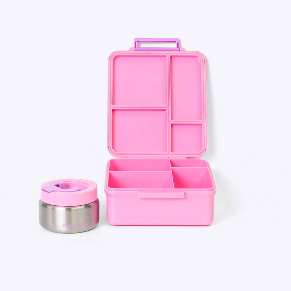 Duo Bento Lunch Box and Food Jar Pink — interior pockets and organisation detail | Spixal