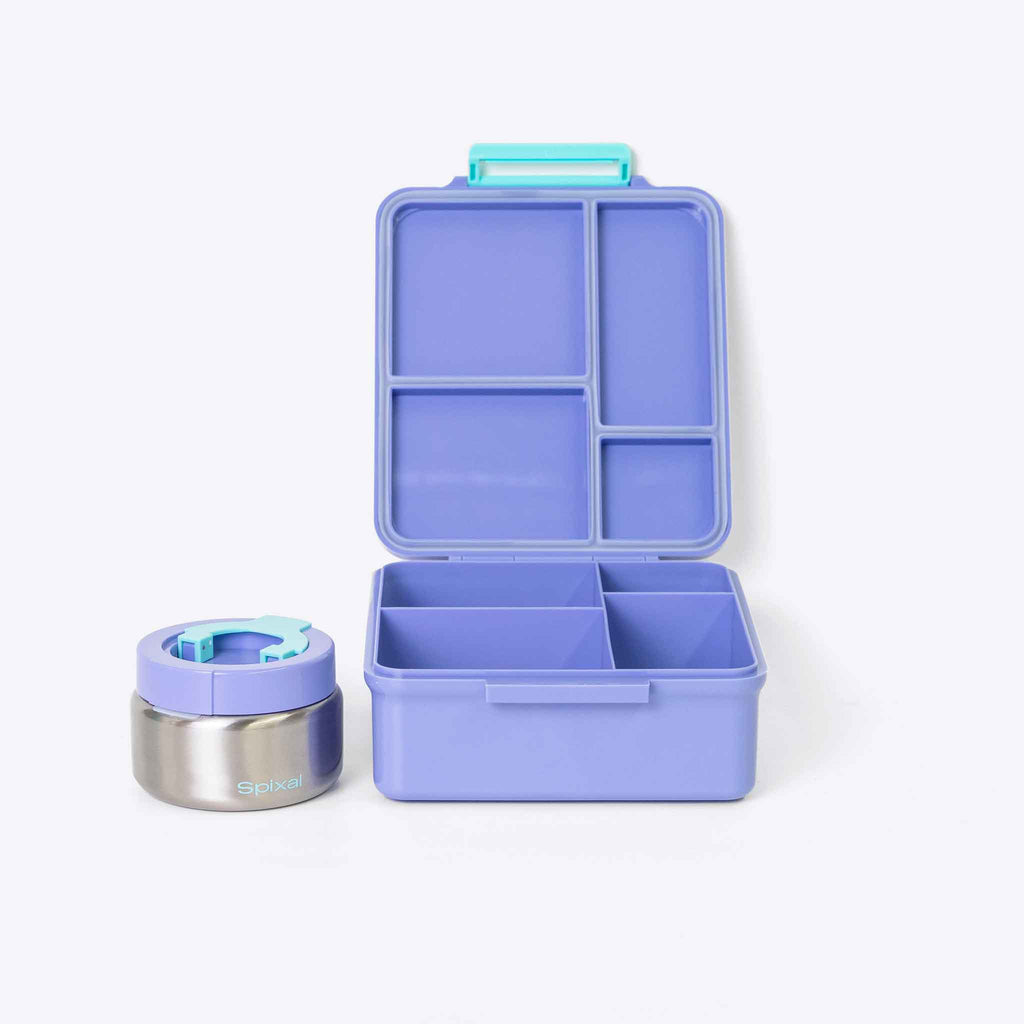 Duo Bento Lunch Box and Food Jar Purple — interior pockets and organisation detail | Spixal