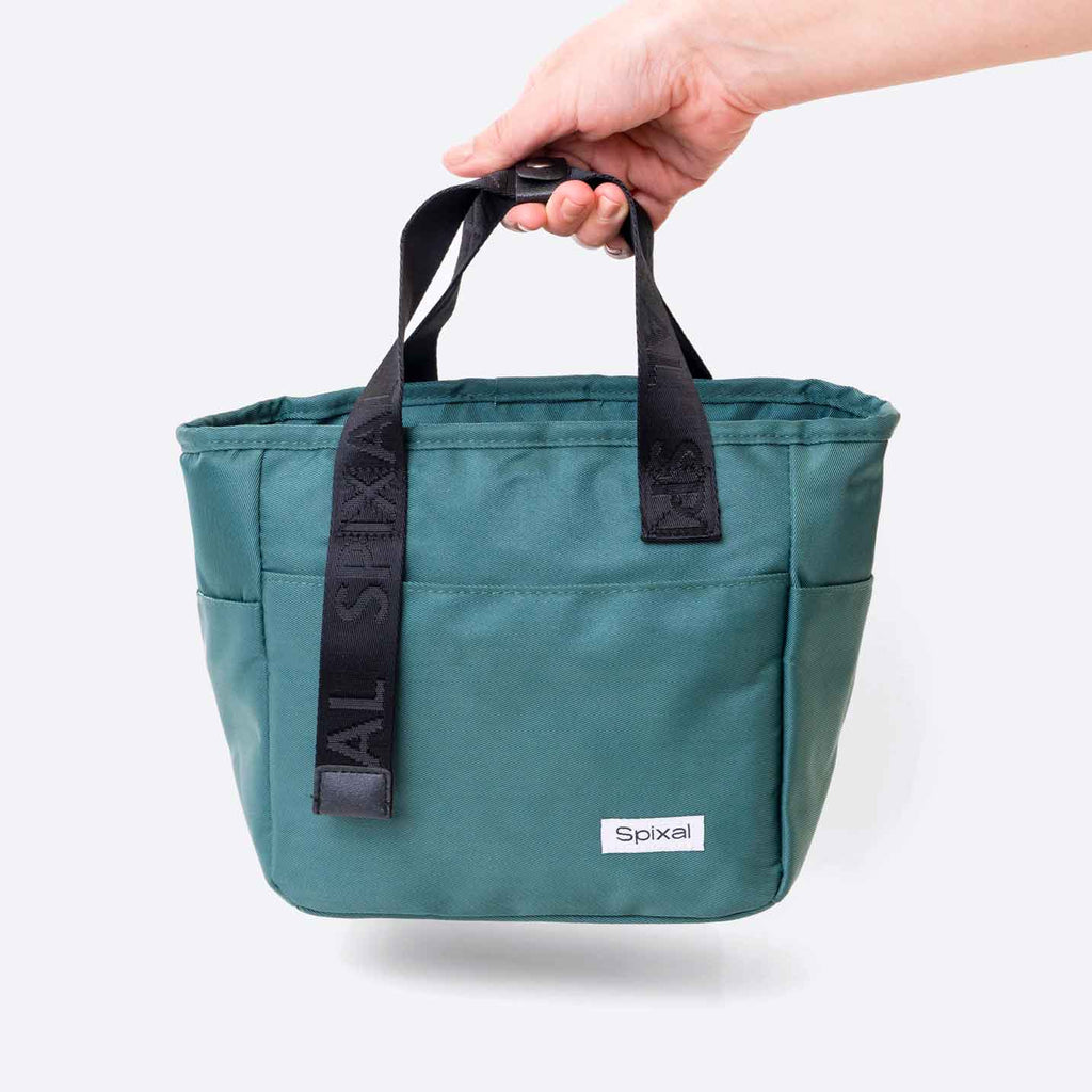 Commute Series Tote Lunch Bag Green — lifestyle flat lay | Spixal