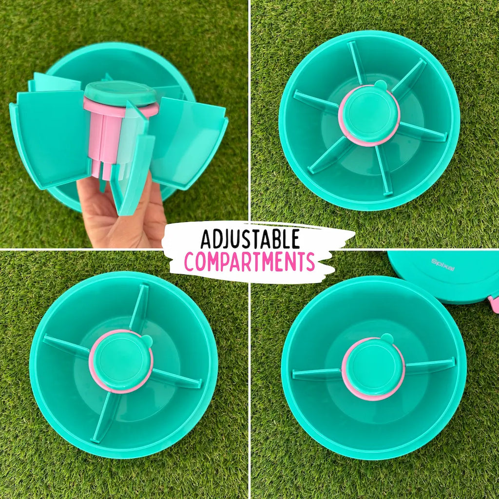 A four-panel collage showing a teal roundie on grass, with one panel showing a hand adjusting a pink and teal compartments. The center text reads 'ADJUSTABLE COMPARTMENTS'.