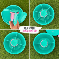 A four-panel collage showing a teal roundie on grass, with one panel showing a hand adjusting a pink and teal compartments. The center text reads 'ADJUSTABLE COMPARTMENTS'.