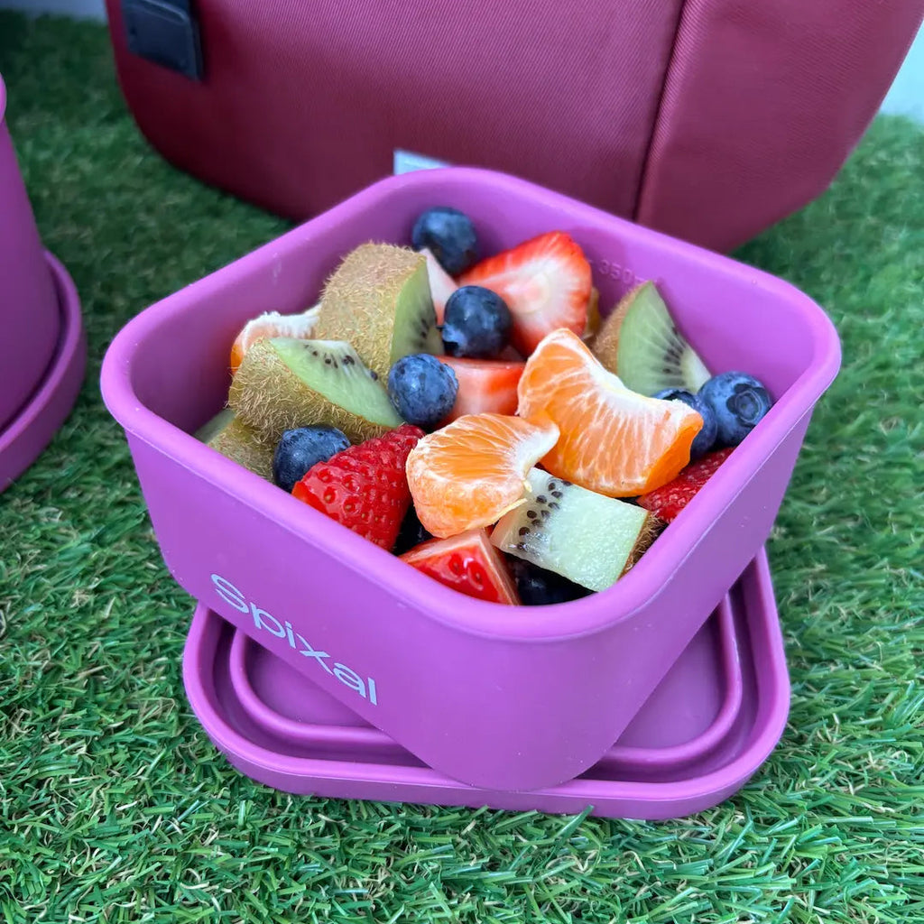 A pink silicone bento container filled with sliced fruit, placed on grass with its lid resting underneath. The brand name 'spixal' is printed on the side of the container.