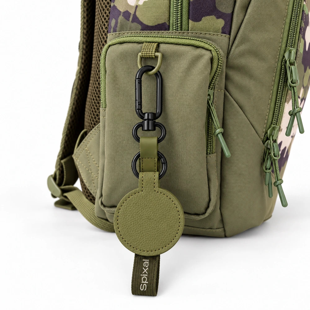 Green Axis magnetic hat clip on a camo kids school backpack | Spixal