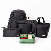 Black Axis school bag and lunch box bundle: backpack, library bag, pencil case, black lunch tote and green silicone bento | Spixal