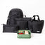 Black Axis school bag and lunch box bundle: backpack, library bag, pencil case, black lunch tote and green silicone bento | Spixal