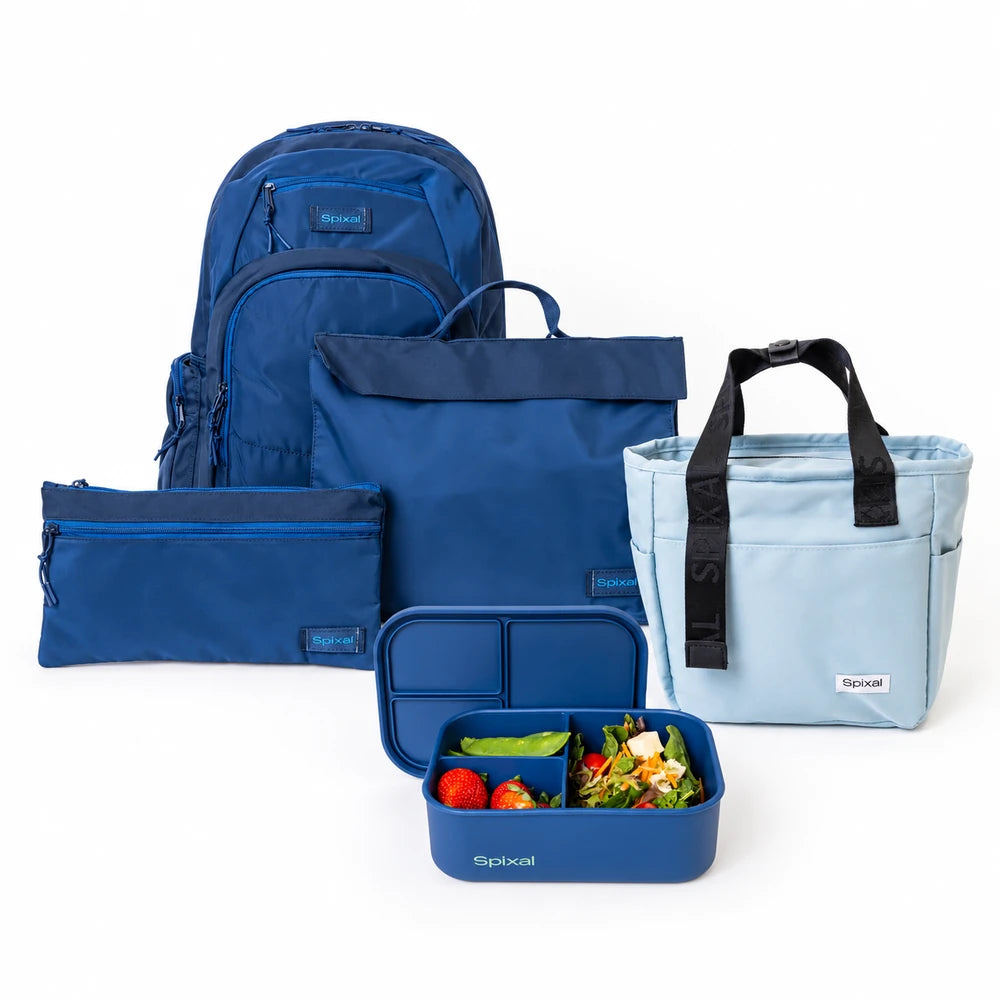 Blue Axis school bag and lunch box bundle: backpack, library bag, pencil case, light blue lunch tote and blue silicone bento | Spixal