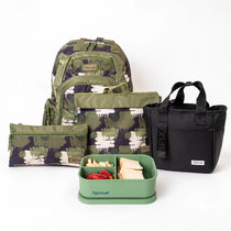 Camo Axis school bag and lunch box bundle: backpack, library bag, pencil case, black lunch tote and green silicone bento | Spixal