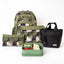 Camo Axis school bag and lunch box bundle: backpack, library bag, pencil case, black lunch tote and green silicone bento | Spixal