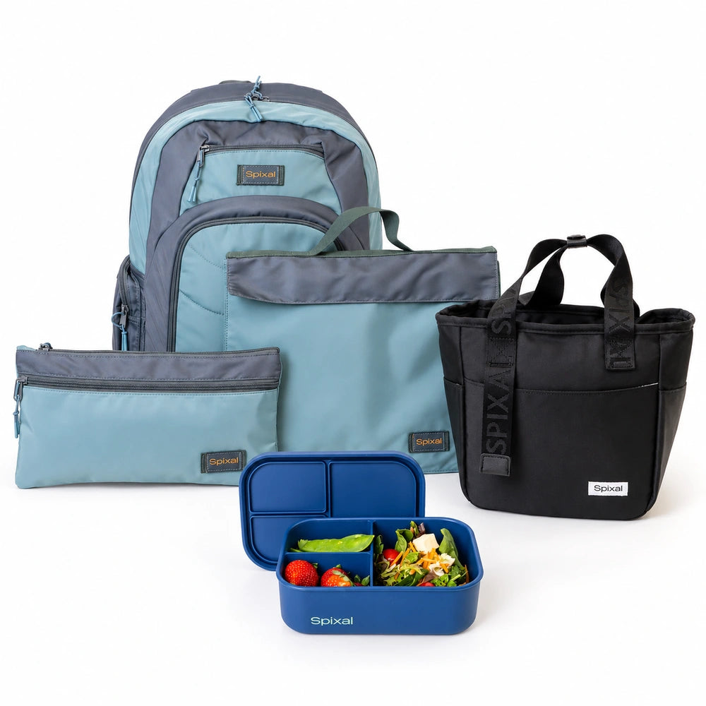 Green and grey Axis school bag and lunch box bundle: backpack, library bag, pencil case, black lunch tote and blue silicone bento | Spixal Main image