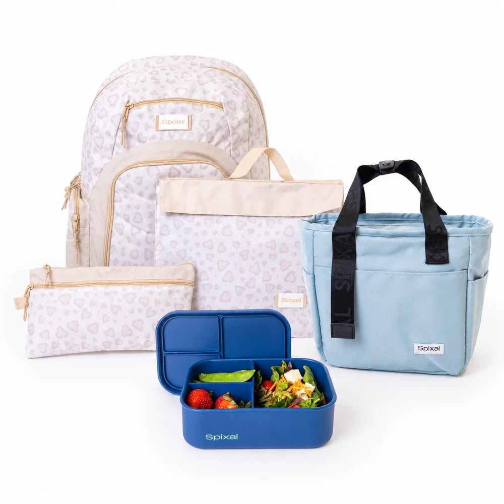 Leopard print Axis school bag and lunch box bundle: backpack, library bag, pencil case, light blue lunch tote and blue silicone bento | Spixal