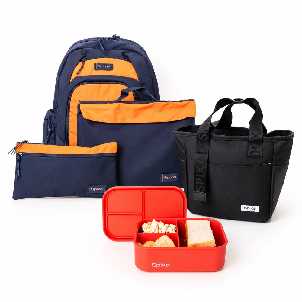 Navy and orange Axis school bag and lunch box bundle: backpack, library bag, pencil case, black lunch tote and coral silicone bento | Spixal